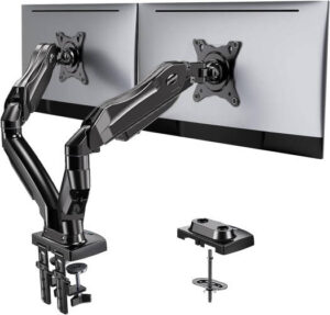 HUANUO Dual Monitor Stand, Full Adjustable Monitor Desk Mount, Swivel Vesa Bracket with C Clamp, Grommet Mounting Base for 13" to 32" Computer Screens, Each Arm Holds 4.4 to 19.8lbs | HNDS6B