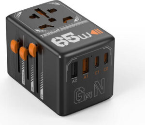 TESSAN Universal Travel Adapter, GaN 65W Total DC Output, 4 USB(2 USB C) Charging Ports, Worldwide Power Outlet for US to European EU UK AUS Ireland, Black | TS-WTA03-BK