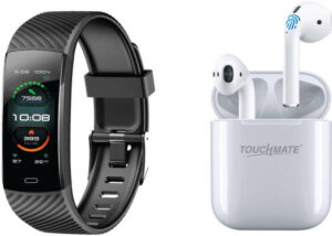 Touchmate Waterproof Fitness Band with Wireless Bluetooth TWS Earbuds, Heart Rate, Sleep & Blood Pressure Monitor, BT5.0 Earbuds, Built-In Mic, Black/White | TM-SW100BT