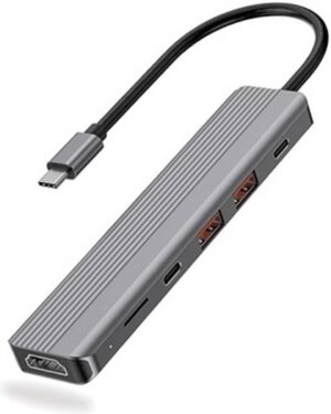 Powerology 6-in-1 Slim 4K HDMI USB-C Hub with High Speed 10Gbps Data Transfer, Support up to 4K UHD @ 60Hz, 100W Power Delivery, High-Speed Connectivity for Multiple Devices, Gray | P61HBCGY