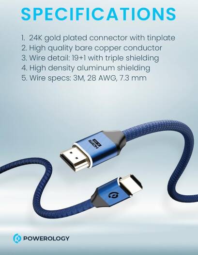 Powerology 8K HDMI Braided Cable, 3M, 24K Gold Plated Connectors, 10K Resolution, Dolby Atmos, eARC, Portable & Lightweight, Durable Aluminum-Alloy Shell for Top Performance, Dark Blue | PWHDC3M-DKBU - Image 6
