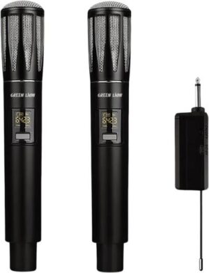 Green Lion Wireless Dual Cordless Dynamic Microphones with 800mAh Battery Capacity, Rechargeable Lithium Battery, Type-C Charging Port, 2-5 Hours Working Time, LCD Display, Plug & Play - Black