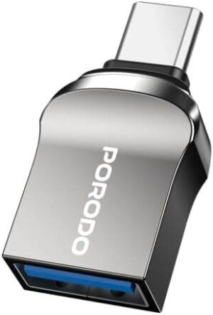 Porodo USB-A to USB-C OTG Adaptor, USB 3.0, Up to 10Gbps Data Transfer Speed, Zinc Alloy Material, Plug & Play, Universal compatibility, Compact Design - Black