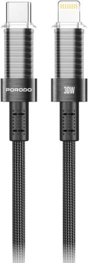 Porodo Transparent Shell USB-C To Lightning Head Cable, PD 30W, Universal Compatibility, Safe & Secure, Braided Wire, 1.2m Cable Length - Black