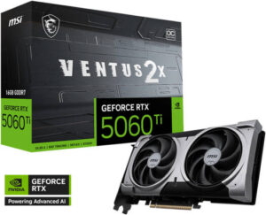 MSI GeForce RTX 5060 Ti 16G VENTUS 2X OC PLUS Graphics Card, 16GB GDDR7 128-Bit Memory, 2602 MHz Boost Clock, 28 Gbps Memory Speed, 4608 CUDA Cores, PCI Express Gen 5 x16 | 912-V535-027