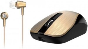 Genius MH-8015 Combo Wireless Mouse With Headset, 3 + Scroll Buttons, 800-1600 DPI Resolution, 88 dB Sensitivity, 1.1 mm Cable Length, Gold - Black | 31280002400