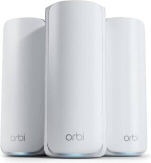 Netgear Orbi 770 Series Tri-Band WiFi 7 Mesh, Up to 8,000 sq. ft. WiFi Coverage, 5,760 + 4,320 + 688Mbps Speed, Tri-Band (2.4GHz, 5GHz, 6GHz), 3-Pack, White | RBE773-100EUS
