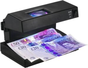 Money Checker,Portable Desktop Counterfeit Bill Detector Cash Banknotes Notes Checker Machine Support Ultraviolet UV and Watermark Detection with Magnifier Forged Money Tester for USD EURO POUND, EU