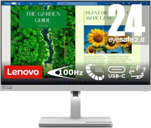 Lenovo L24m-40 Monitor, 24" FHD IPS Display, 100Hz Refresh Rate, 4ms (Extreme Mode) Response Time, AMD FreeSync Technology, Built-In 3W x2 Speakers, 16.7m Display Colors, White | 67A9UAC3AE