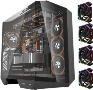 DarkFlash DY470 ATX Computer Case, 4x Pre-Installed aRGB Fans, 360mm Radiators, Up to 10x 120mm Fan Support, Cable Management Panel, 330° Immersive Panoramic View, 3 Glass Panels, Shadow Black | DY470