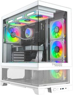 Twisted Minds Phantek-07 Mid Tower ATX Gaming PC Case, Tempered Glass Front & Side Panel + Mesh, 7x RGB Pre-installed Fans, 3.5″ HDD*3+2.5″ SSD*3 Up to 420mm AIO, USB 3.0 / Type-C*, White | TM-245-3-W