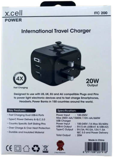 X.cell 20W International Travel Charger, 4x Faster Charging, Designed to Use With US, UK, EU & AU Plugs, Pins to Power Light/Electronic Devices, Works in 150 Countries, Black | XL-ITC-200-B - Image 4