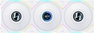 Lian Li Uni Fan TL 120 Reverse Blade Case Fan, 1.6" LCD, 120mm Fan Size, 1900 RPM Fan Speed, 54.3 CFM Airflow, PA66 / PBT Materials, FD Bearing, Triple Pack, W/ Controller, White | G99.12RTLLCD3W.00