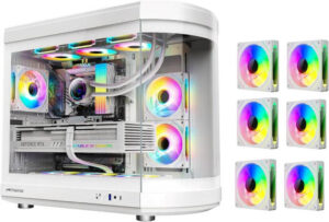 Tortox Vidrio ATX Full Tower Case, 6x Pre-Installed ARGB PWM Fans, Up to 360mm Radiator Support & 9x Fan Support, Semi Curved Tempered Glass, Dust Proof Filter, SPCC Material, White | VIDRIOW