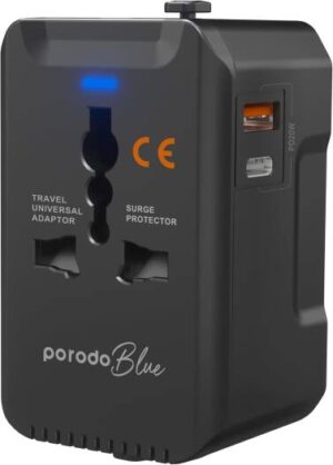 Porodo Blue Dual Port PD20W Universal Travel Adapter, QC 18W, US/AU/EU/UK & +150 Countries Compatible, USB-A & Type-C Ports, Built-in Safeguards, Sliding knob Auto Lock Unused Pins | Black