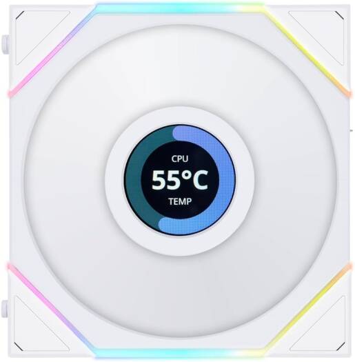 Lian Li Uni Fan TL 120 Case Fan, 1.6" LCD, 120mm Fan Size, 1900 RPM Fan Speed, 62 CFM Airflow, PA66 / PBT Materials, Fluid Dynamic Bearing, Single Pack, White | G99.12TLLCD1W.00