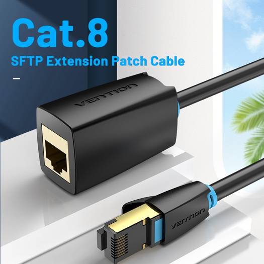 Vention Cat.8 SSTP Extension Patch Cable, 40Gbps Network Speed, 2000MHz Bandwidth, Oxygen-Free Copper Twisted Paris, Double Aluminum Foil Shield, POM Gold-Plated Copper Shell 10 Meter, Black | IKHBL - Image 2