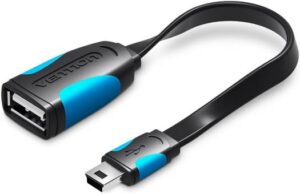 Vention Flat USB2.0 A Female to Mini 5 Pin Male OTG Cable, 480Mbps Transmission Speed, Aluminum Foil Metal Braided Shielding, PS3/ Digital Camera/MP3, 0.25m, Black | VAS-A19-B025