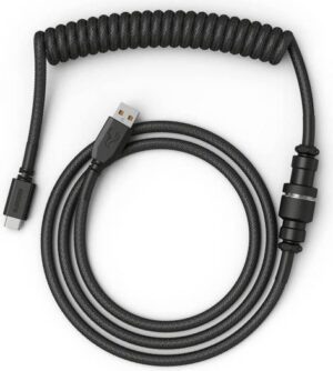 Glorious Coiled USB Type-C Keyboard Cable, Artisan Braided, Tight Springy Coils, 5-Pin Aviator Detachable Connector, Plastic Molded USB Housing, 90° Cable Orientation, 1.3M, Black | GLO-CBL-COIL-BLACK
