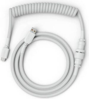 Glorious Coiled USB Type-C Keyboard Cable, Artisan Braided, Tight Springy Coils, 5-Pin Aviator Detachable Connector, Plastic Molded USB Housing, 90° Cable Orientation, 1.3M, White | GLO-CBL-COIL-WHITE