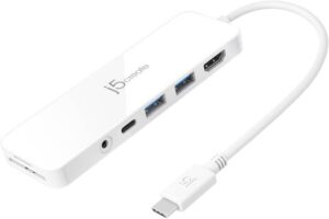 J5create USB-C 7-in-1 Multi-Port Hub with Power Delivery, Up to 4K @ 30Hz Resolution, 5Gbps Transfer Rate, 2x Type-A 3.1, USB-C PD 3.0, MicroSD SD Card Reader, HDMI, 3.5mm Jack Ports, White | JCD373