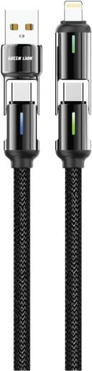 Green Lion 4 in 1 LED Braided Cable 60W, USB-C to USB-C + Lightning Head & USB-A to USB-C + Lightning Head, High Data Transfer, Wide Compatible, Secure & Safe, 10000 Bends, 1.2M - Black