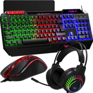 Aula T 650 Gaming Keyboard Mouse Headset and Mousepad Combo Set, Rainbow Backlit 104 Keys Keyboard, 4 Auto-Changing Backlit Gaming Mouse, 4 Levels of DPI, Black | T 650 BK