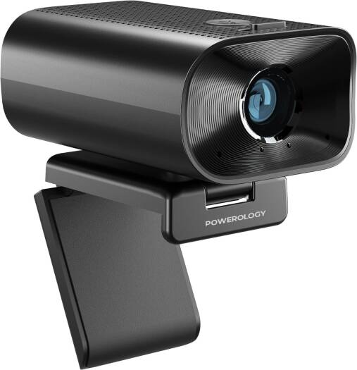 Powerology 1080P Conference Webcam with 90 FOV, Dual Mic, and Remote Control - Crystal Clear Video, 5W Speaker, and Tripod Included
