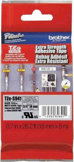 Brother Genuine P-Touch TZE-S941 Tape, 3/4" (0.7"") Wide Extra-Strength Adhesive Laminated Tape, Black on Matte Silver, Indoor/Outdoor Use, Water-Resistant, 0.7 in. x 26.2 ft., Single-Pack, TZES941