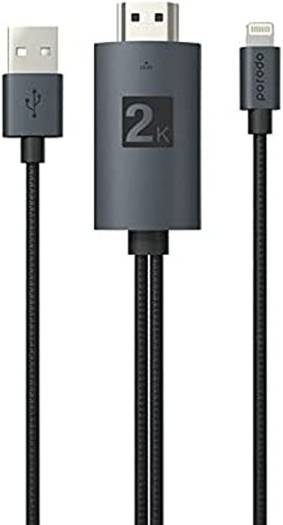 Porodo Braided 2K HDMI Lightning Cable 2M, HDMI Video Cable Compatible with iPhone Lightning Devices, Plug & Play Lightning To HDMI/HDTV AV TV Cable Adapter, Black | PD-ABHDL2-BK