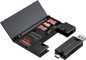 Porodo Blue 2-in-1 Card Reader with Card Holder V3.0 5Gbps Type-C Connector V3.0 5Gbps USB Connector SD/Micro SD Reader SGbos Data Transfer