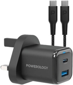 Powerology GaN Charger, 35W PD, QC 1xUSB-C 35W and 1xUSB-A 18W, UK, Type C to C 60W, Built-In Safeguards, AC 100-240V, 50/60Hz, Black | PWCUQC023-C