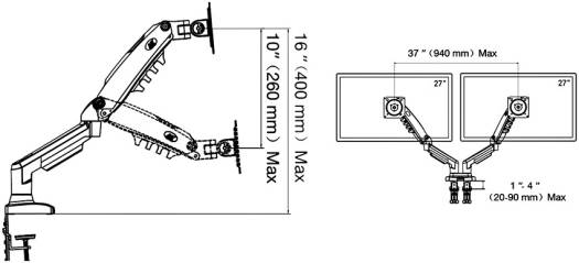Skill Tech Premium Dual Monitor Mechanical Gas Spring Monitor Arm, 17" - 27" Screen Sizes, 9kg Weight Capacity, 360° Screen Rotation, Up to 2x Monitors, Clamp Mounting, Black | SH-F160 - Image 4