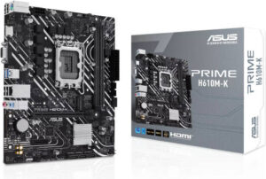 ASUS Prime H610M-K Micro-ATX LGA 1700 Motherboard, Intel H610 Chipset, 2x DIMM DDR5 Slot, 96GB Max Memory, 1x M 2 Slots, 1x PCIe 4 0 x16 Slot, Realtek 1Gb Ethernet 90MB1GA0-M0EAY0