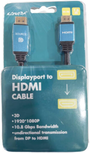 Kongda DisplayPort to HDMI Cable, 1.8 Meter Length, 1920*1080P Resolution, 10.8 Gbps Bandwidth, Unidirectional Transmission, Black Blue |