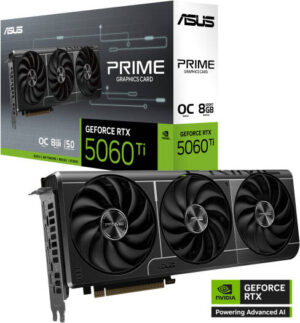 ASUS PRIME GeForce RTX 5060 Ti OC Edition Graphics Card, 8GB GDDR7 128-Bit Memory, 2617 MHz Boost Clock, 28 Gbps Memory Speed, 4608 CUDA Cores, PCI Express 5.0 | 90YV0MP0-M0NA00