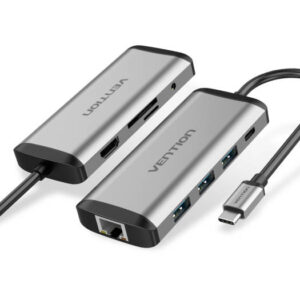Vention 9 In 1 Multi Function Docking Station, Type-C to HDMI/ USB3.0*3 / TF / SD / RJ45 / 3.5mm /PD, 4K@30Hz Resolution, 5Gbps Transmission Speed, 30AWG+24AWG | THAHB