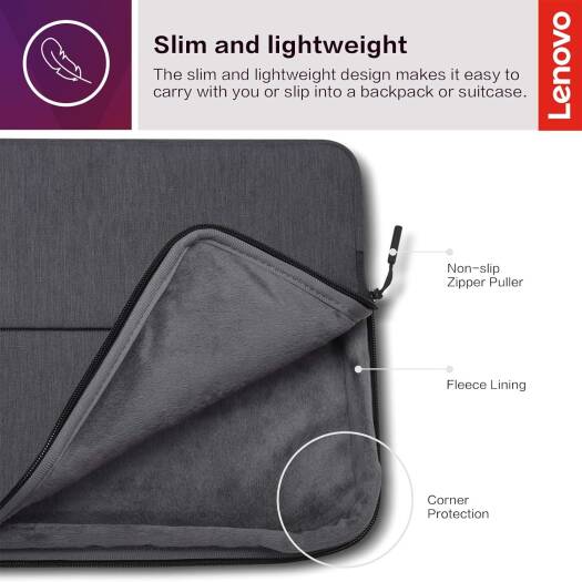 Lenovo Urban Laptop Sleeve for 13" Notebook, Water Resistant, Soft Padded Compartments, Accessory Storage, Reinforced Rubber Corners, Extendable Handle, GX40Z50940, Charcoal Grey - Image 3