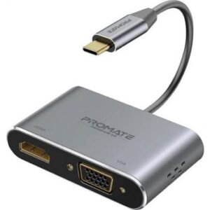 Promate High Definition USB-C Display Adapter, 5V Input Video Signal, USB-C to VGA HDMI Converter, 4K Ultra HD, With 1080 VGA, Dual Screen Display Support, For MacBook Pro/Air, iPad | MediaHub-C2