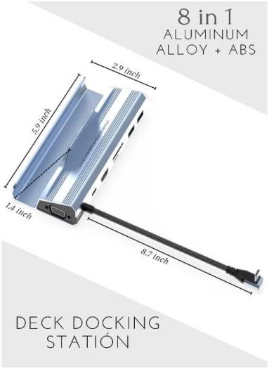 Generic 8 In 1 Docking Station, For Steam Deck, HDMI 4K@30Hz, Gigabit Ethernet, 2 USB-A 3.0 and Full Speed Charging USB-C Port, SD/TF Card 3/0, VGA 60. Hz, Gray | V254 - Image 7