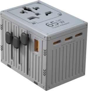 Porodo GaN 5-Port Travel Block Universal Charger, PD 65W Fast Charging, Built-in Safeguards, Dual Fuse, Fuse Protection, 4 USB-C, 1 USB-A, 2500W Max Rated Power (Gray)