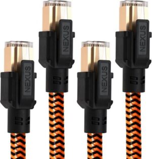 Nexus CAT8 Network Cable, 40 Gbps Transmission Speed, 2000Mhz Frequency, SFTP Certified, Full Bare Copper Conductor 23AWG, Weather Proof PVC Jacket, Braid Shield, 4x 0.25m Cable, Black / Orange | CAT8