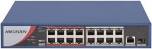 Hikvision 16 Port Fast Ethernet Unmanaged POE Switch, 7.2 Gbps Switching Capacity, 5.356 Mpps Forwarding Rate, 16x 10/100 Mbps PoE, 1x Gigabit RJ45, 1x Gigabit Fiber Optical Ports | DS-3E0318P-E/M(B)
