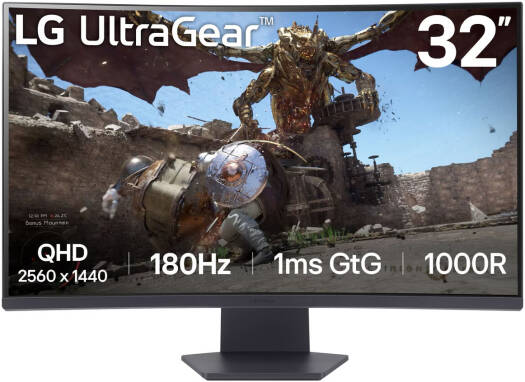 LG UltraGear 32'' QHD 1000R Curved Gaming Monitor, 180Hz Refresh Rate, 1ms Response Time, AMD FreeSync, HDR10, Up to sRGB 99%, 3-side Virtually Borderless Design, Black | 32GS60QC-B