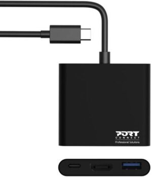 Port Designs 4K USB-C 3 Device Mini Mobile Adapter, 60W Power Distribution, Wide Compatibility, HDMI, USB-A, & USB-C Ports, Black | 900140