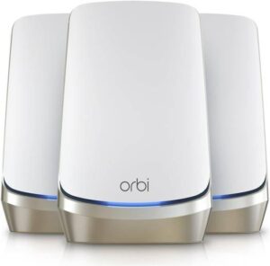 NETGEAR Orbi Quad-Band WiFi 6E Mesh System, Router with 2 Satellite Extenders, 10.8Gbps Speed, Coverage up to 9,000 sq. ft, 200 Devices, 10 Gig Internet Port, White | ‎RBKE963-100NAS