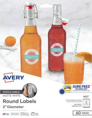 Avery Printable Dissolvable Round Labels with Sure Feed, 2" Diameter, White, 60 Customizable (4227)