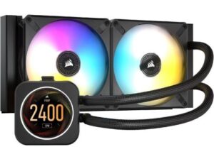 Corsair iCUE H100i Elite LCD Display Liquid CPU Cooler, 380mm Tubing Length, 2x120mm Fans, 240mm Radiator, 10-30.4 dBA Noise Level, Split-Flow Copper Cold Plate, Black | CW-9060061-WW