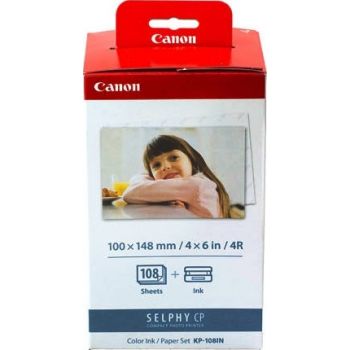 Canon KP-108IN Color Ink/Paper Set - Postcard size 4'x6' / 108 Sheets with 3 Ink Cartridges for CP-1300, CP910, CP780, CP900, Cartridge and Card Paper | KP-108IN