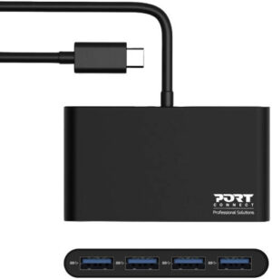 Port Designs USB-C Hub 4x USB-A 3.0 Ports Adapters, 5 Gbps Data Transfer, 30cm Long Cable, Plug-and-Play, Black | 900123